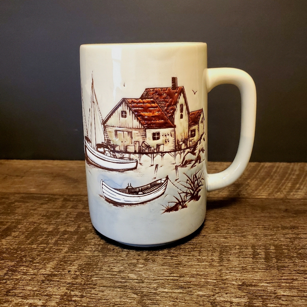 Vintage Otagiri Hand Painted Japan Mug with Boat House Scene Seascape